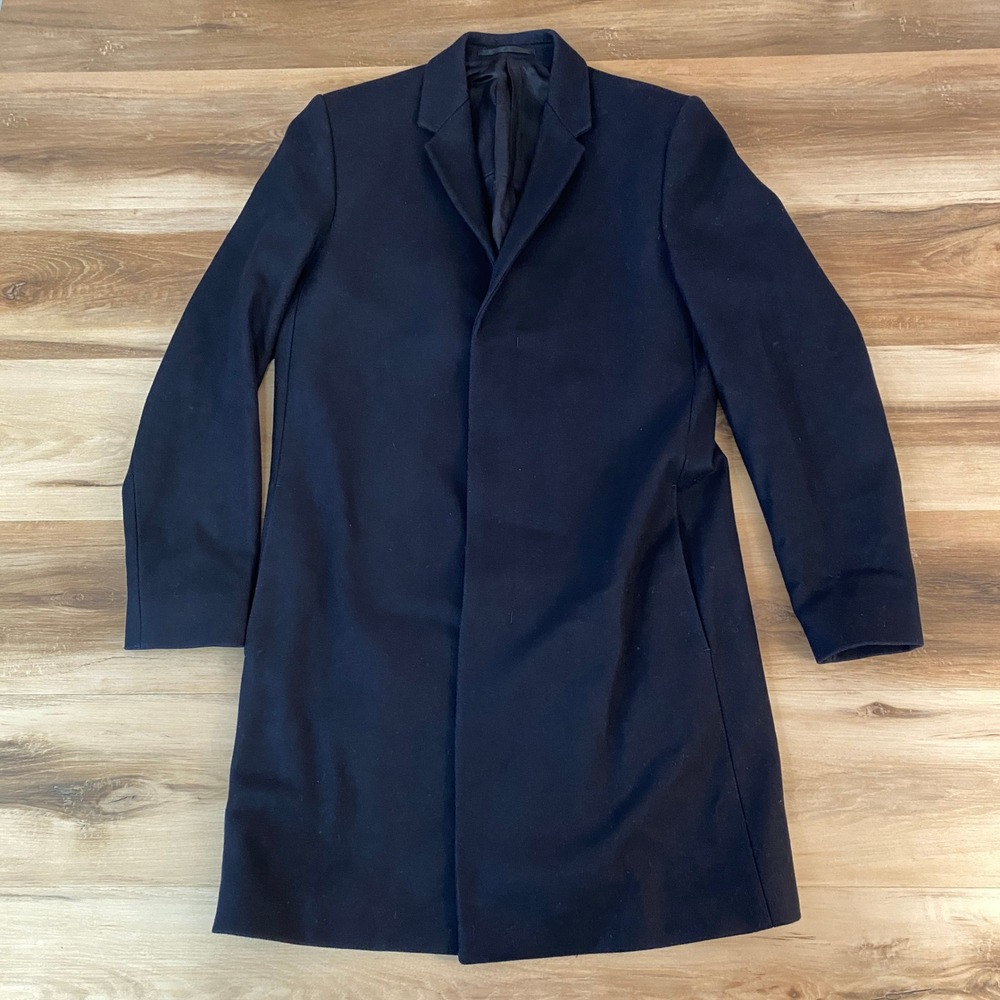 COS Mens‎ Navy Blue Wool Blend Overcoat 36R 3 Button Single Breasted Warm Winter